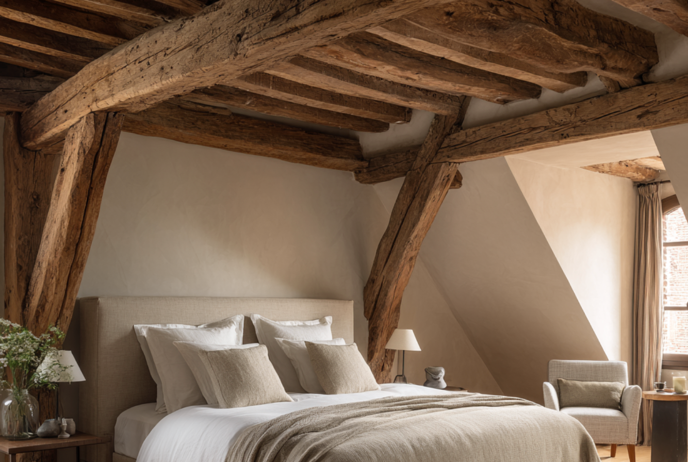 Aménager une chambre avec poutre aparente pleine de caractère