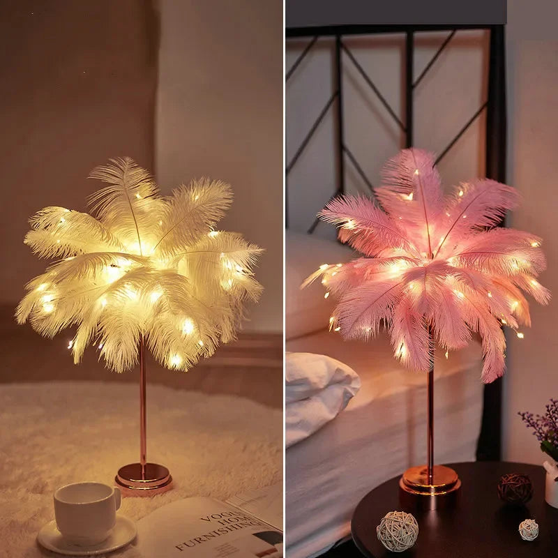 Lampe de chevet plume rose