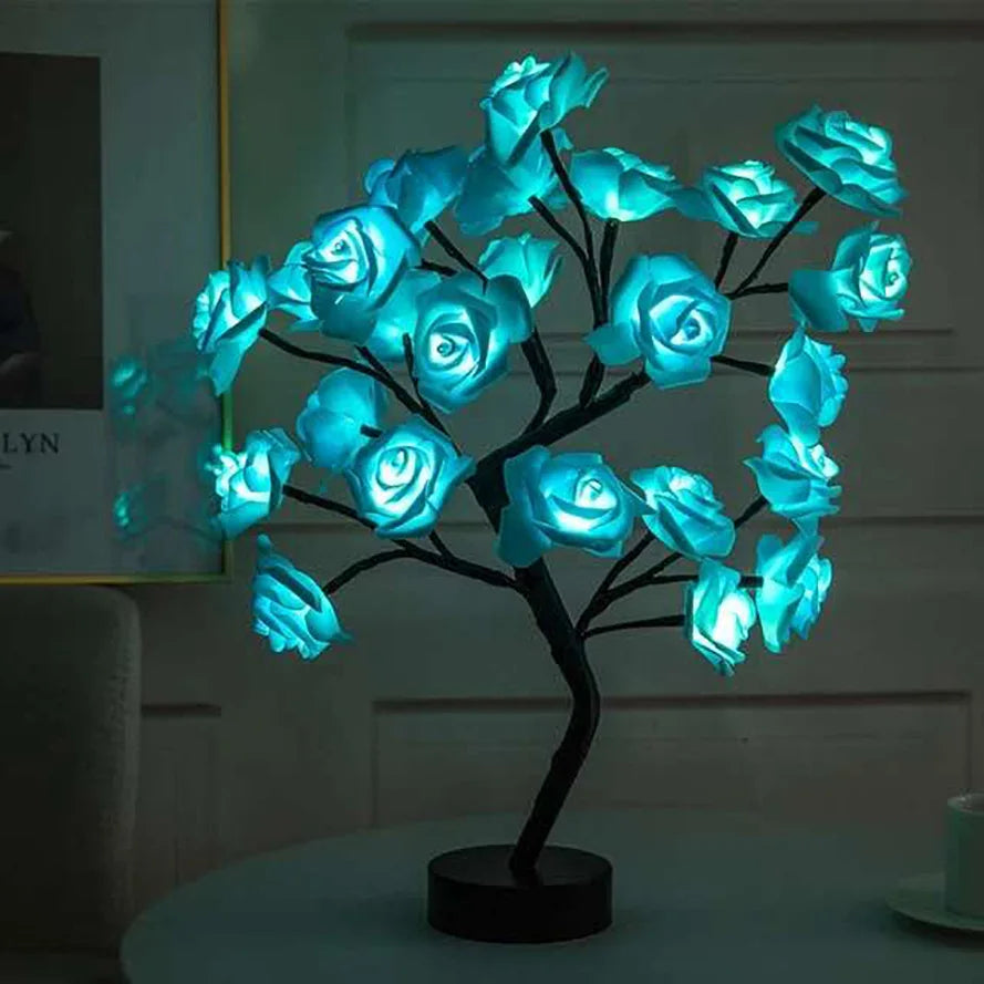 Lampe de chevet rose fleur bleu allumé